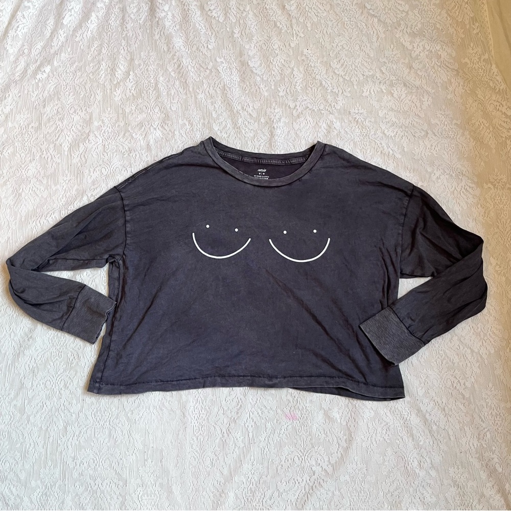Aerie distressed Happy smiley crop long sleeve tee